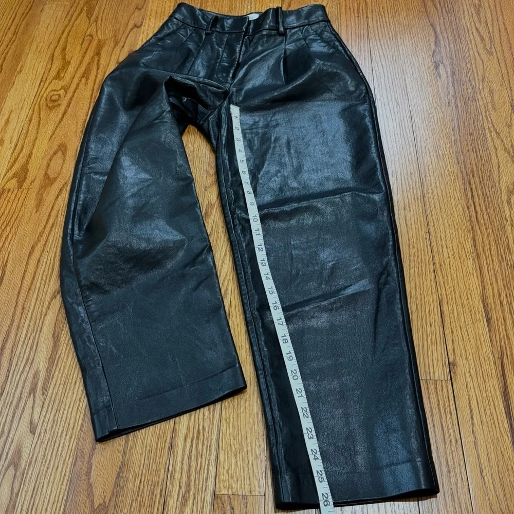 Wilfred preppy black soft faux leather high rise pleated straight leg crop pants